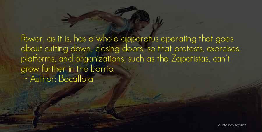 Bocafloja Quotes: Power, As It Is, Has A Whole Apparatus Operating That Goes About Cutting Down, Closing Doors, So That Protests, Exercises,