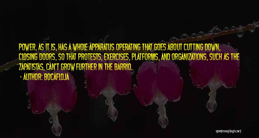 Bocafloja Quotes: Power, As It Is, Has A Whole Apparatus Operating That Goes About Cutting Down, Closing Doors, So That Protests, Exercises,