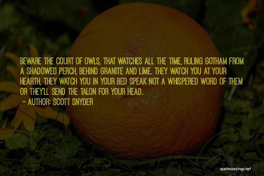 Scott Snyder Quotes: Beware The Court Of Owls, That Watches All The Time, Ruling Gotham From A Shadowed Perch, Behind Granite And Lime.