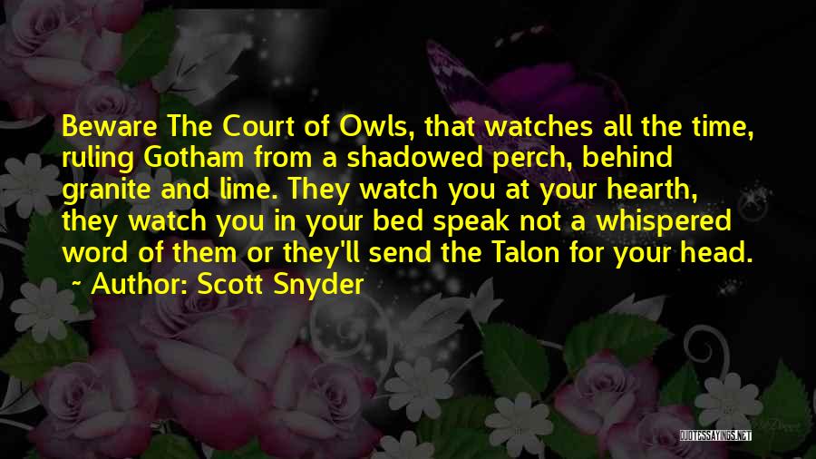 Scott Snyder Quotes: Beware The Court Of Owls, That Watches All The Time, Ruling Gotham From A Shadowed Perch, Behind Granite And Lime.