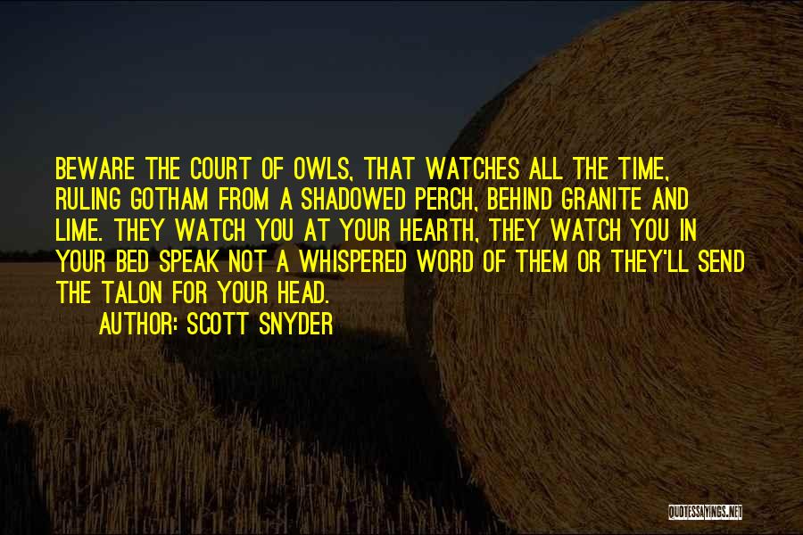 Scott Snyder Quotes: Beware The Court Of Owls, That Watches All The Time, Ruling Gotham From A Shadowed Perch, Behind Granite And Lime.