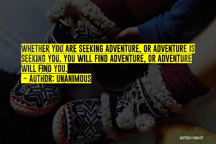 Unanimous Quotes: Whether You Are Seeking Adventure, Or Adventure Is Seeking You. You Will Find Adventure, Or Adventure Will Find You.