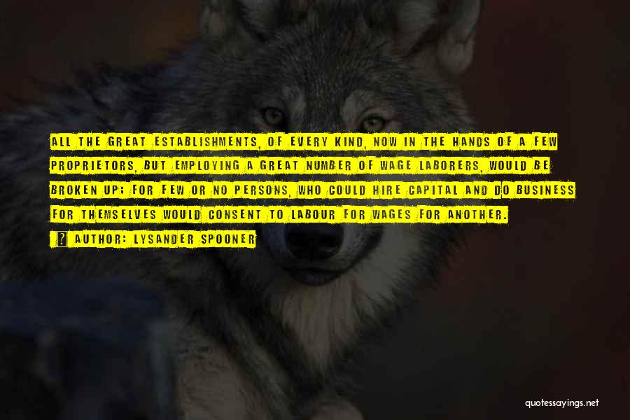 Lysander Spooner Quotes: All The Great Establishments, Of Every Kind, Now In The Hands Of A Few Proprietors, But Employing A Great Number