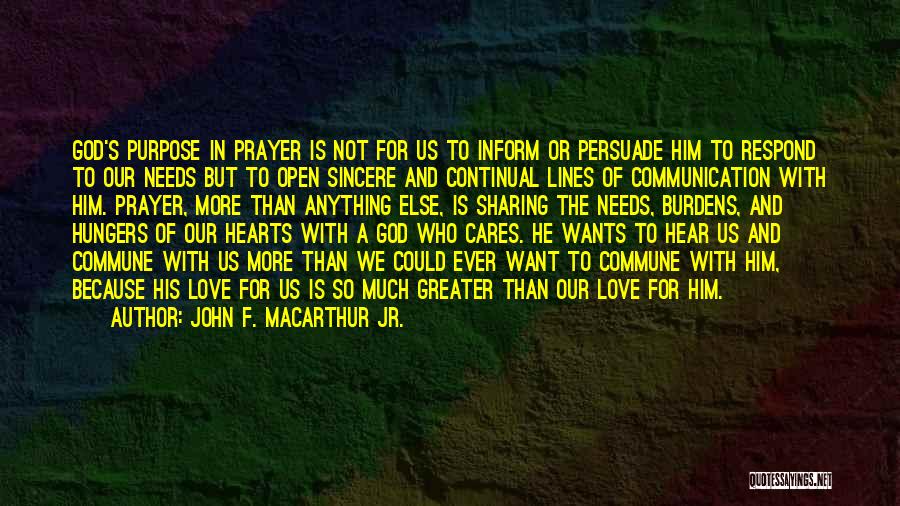 John F. MacArthur Jr. Quotes: God's Purpose In Prayer Is Not For Us To Inform Or Persuade Him To Respond To Our Needs But To