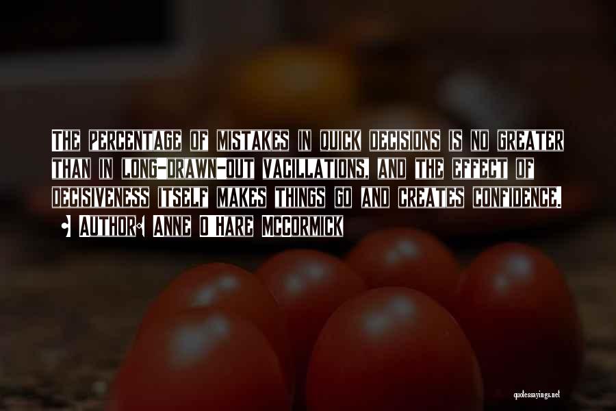 Anne O'Hare McCormick Quotes: The Percentage Of Mistakes In Quick Decisions Is No Greater Than In Long-drawn-out Vacillations, And The Effect Of Decisiveness Itself