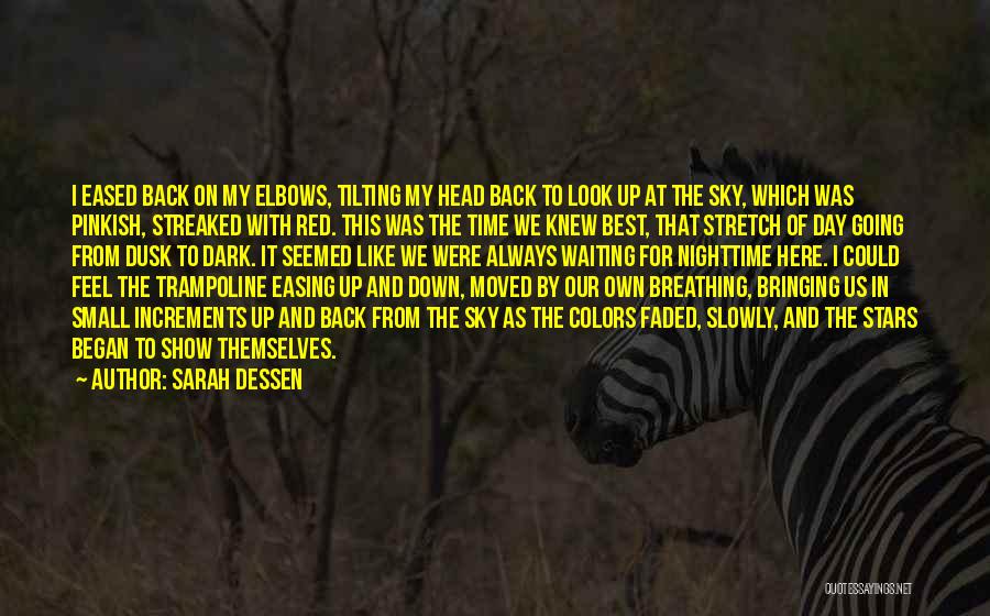 Sarah Dessen Quotes: I Eased Back On My Elbows, Tilting My Head Back To Look Up At The Sky, Which Was Pinkish, Streaked