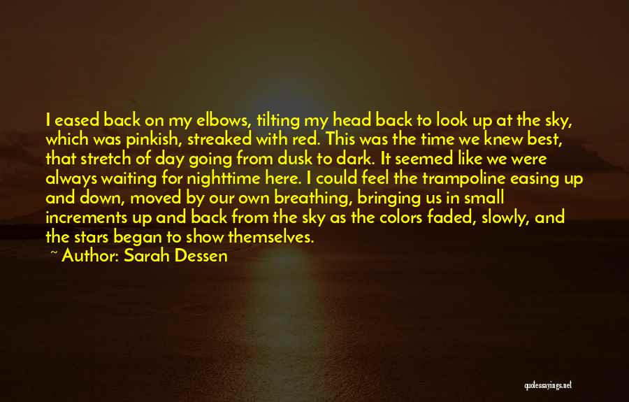 Sarah Dessen Quotes: I Eased Back On My Elbows, Tilting My Head Back To Look Up At The Sky, Which Was Pinkish, Streaked