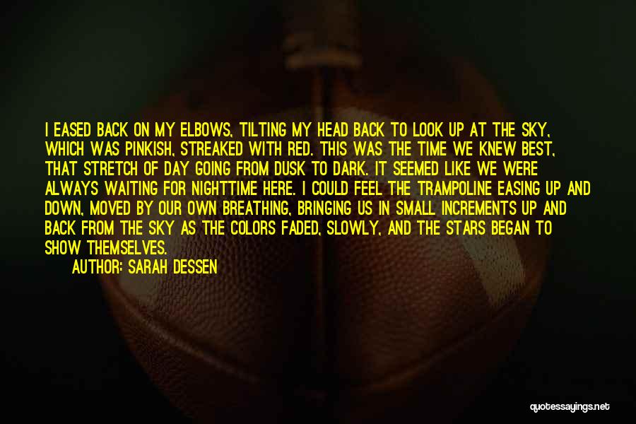 Sarah Dessen Quotes: I Eased Back On My Elbows, Tilting My Head Back To Look Up At The Sky, Which Was Pinkish, Streaked