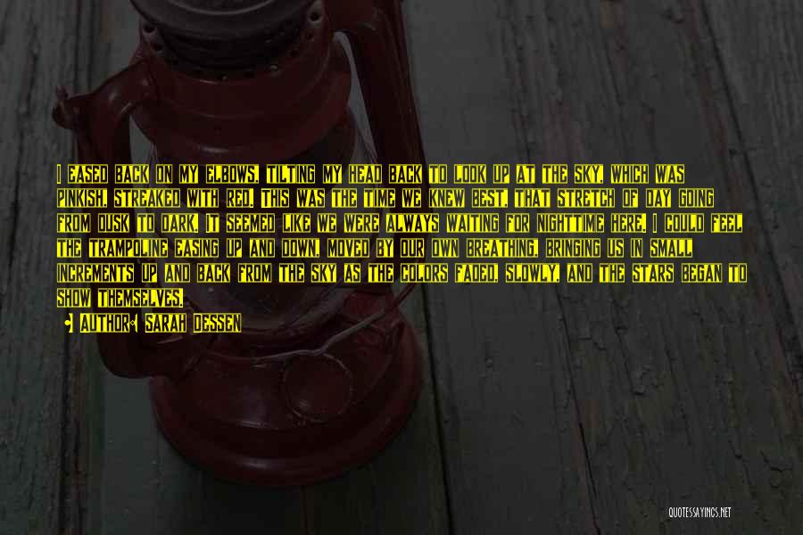 Sarah Dessen Quotes: I Eased Back On My Elbows, Tilting My Head Back To Look Up At The Sky, Which Was Pinkish, Streaked