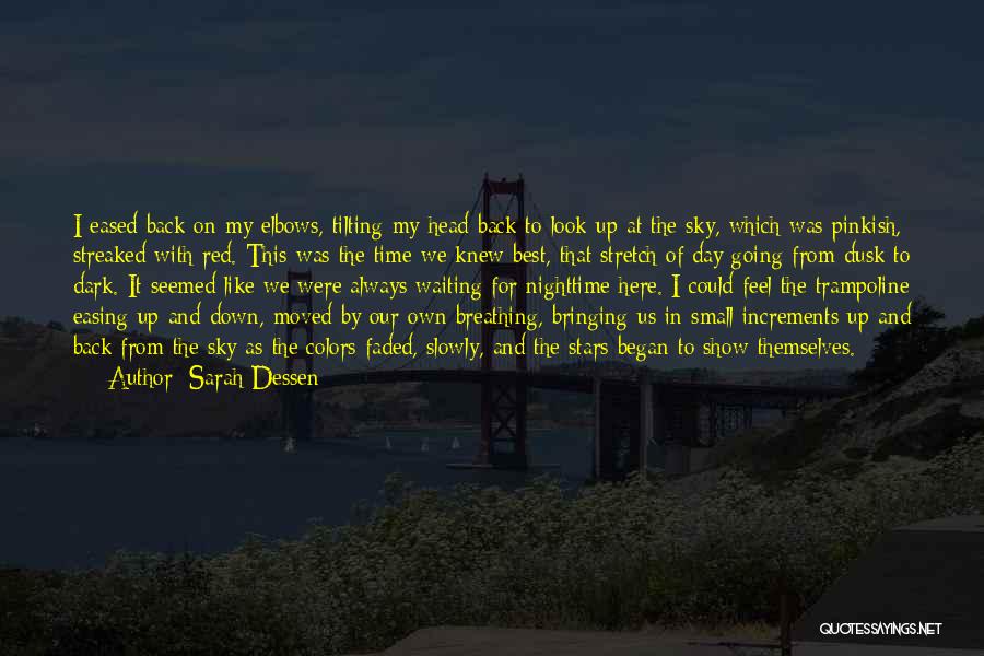 Sarah Dessen Quotes: I Eased Back On My Elbows, Tilting My Head Back To Look Up At The Sky, Which Was Pinkish, Streaked