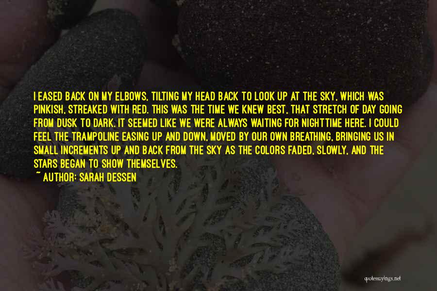 Sarah Dessen Quotes: I Eased Back On My Elbows, Tilting My Head Back To Look Up At The Sky, Which Was Pinkish, Streaked