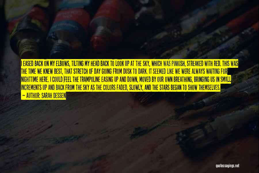 Sarah Dessen Quotes: I Eased Back On My Elbows, Tilting My Head Back To Look Up At The Sky, Which Was Pinkish, Streaked
