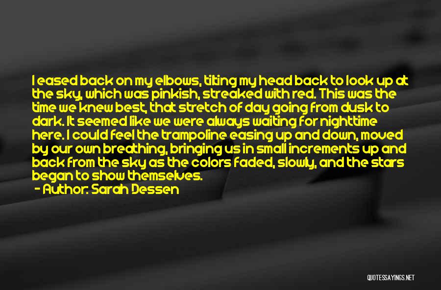 Sarah Dessen Quotes: I Eased Back On My Elbows, Tilting My Head Back To Look Up At The Sky, Which Was Pinkish, Streaked