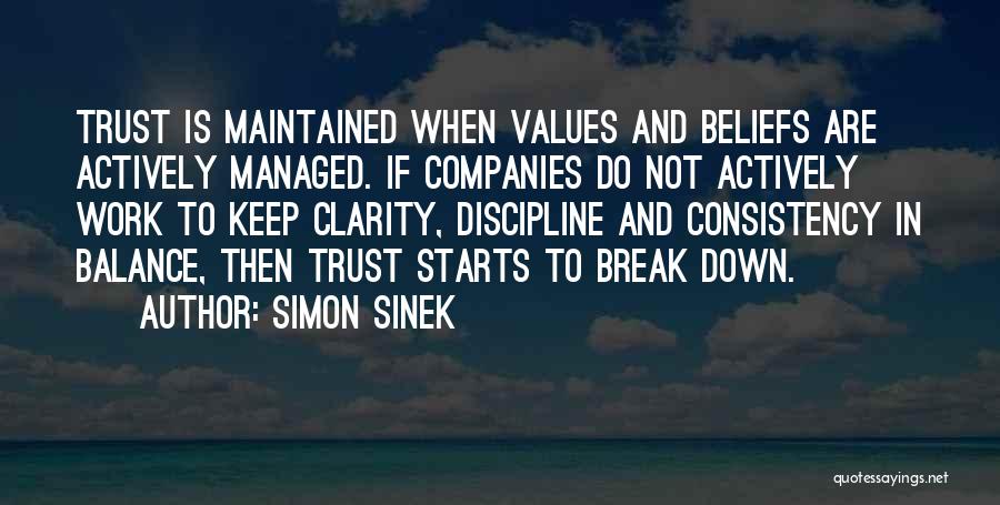 Simon Sinek Quotes: Trust Is Maintained When Values And Beliefs Are Actively Managed. If Companies Do Not Actively Work To Keep Clarity, Discipline