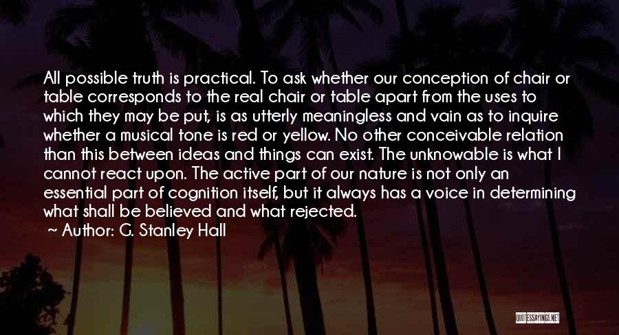 G. Stanley Hall Quotes: All Possible Truth Is Practical. To Ask Whether Our Conception Of Chair Or Table Corresponds To The Real Chair Or