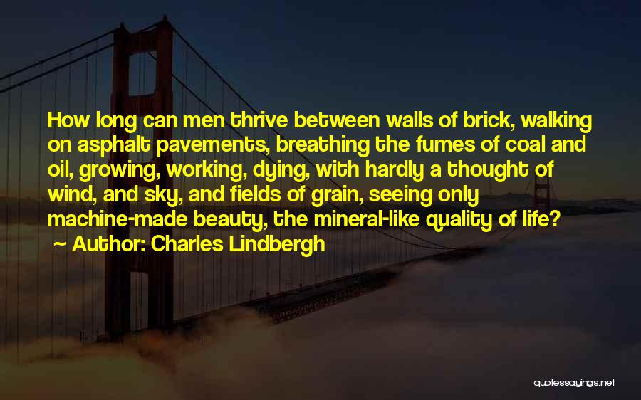 Charles Lindbergh Quotes: How Long Can Men Thrive Between Walls Of Brick, Walking On Asphalt Pavements, Breathing The Fumes Of Coal And Oil,