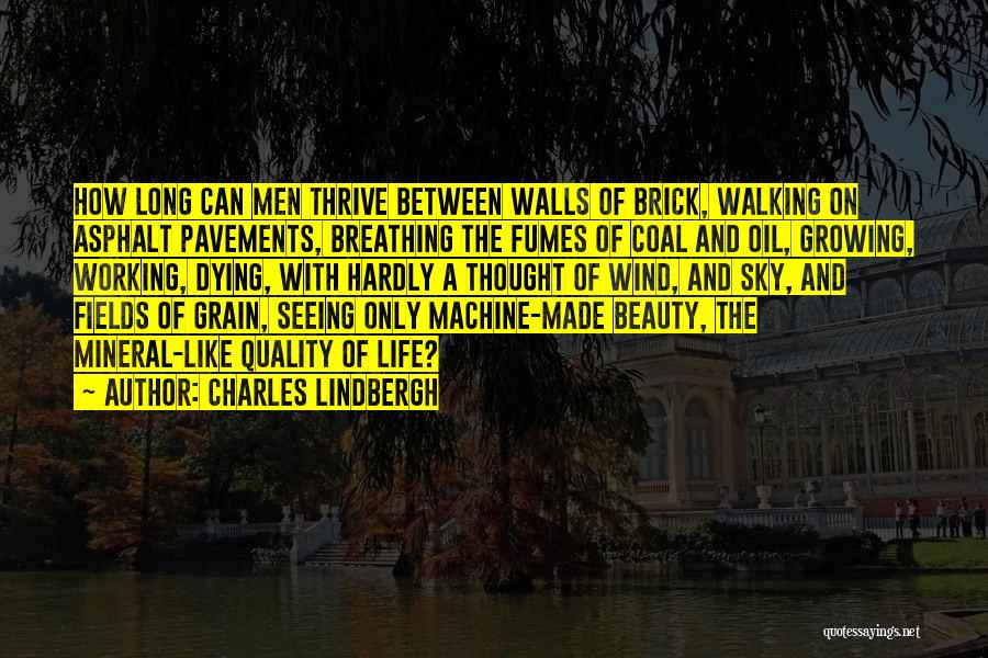 Charles Lindbergh Quotes: How Long Can Men Thrive Between Walls Of Brick, Walking On Asphalt Pavements, Breathing The Fumes Of Coal And Oil,