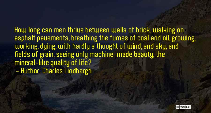 Charles Lindbergh Quotes: How Long Can Men Thrive Between Walls Of Brick, Walking On Asphalt Pavements, Breathing The Fumes Of Coal And Oil,