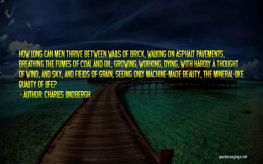 Charles Lindbergh Quotes: How Long Can Men Thrive Between Walls Of Brick, Walking On Asphalt Pavements, Breathing The Fumes Of Coal And Oil,