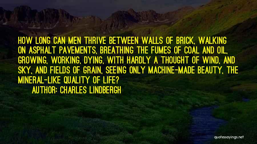 Charles Lindbergh Quotes: How Long Can Men Thrive Between Walls Of Brick, Walking On Asphalt Pavements, Breathing The Fumes Of Coal And Oil,