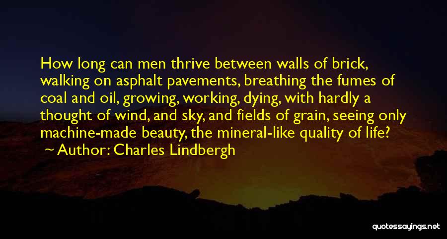 Charles Lindbergh Quotes: How Long Can Men Thrive Between Walls Of Brick, Walking On Asphalt Pavements, Breathing The Fumes Of Coal And Oil,