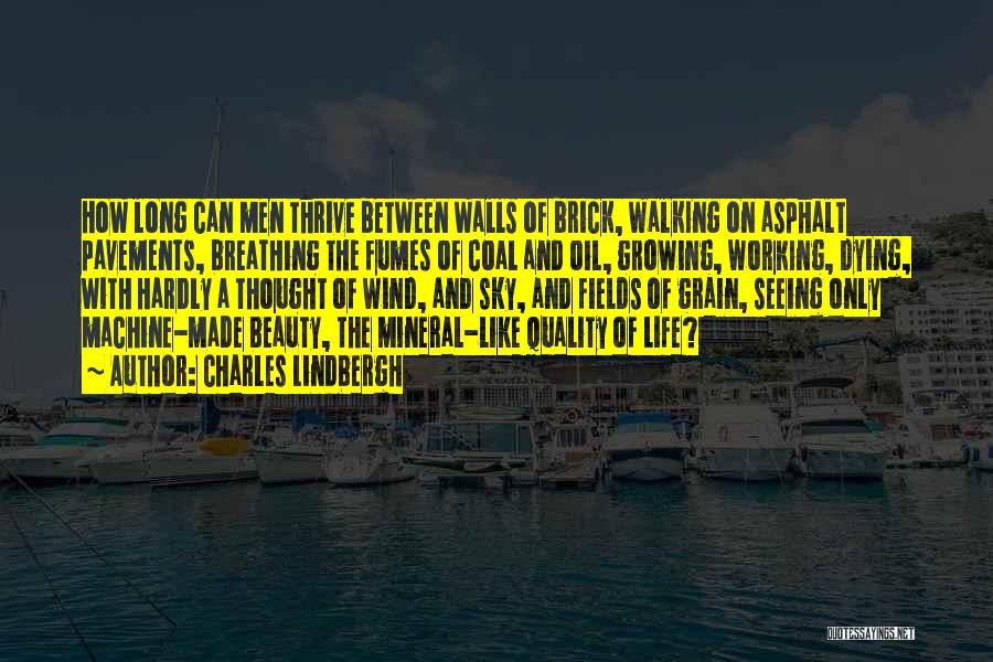 Charles Lindbergh Quotes: How Long Can Men Thrive Between Walls Of Brick, Walking On Asphalt Pavements, Breathing The Fumes Of Coal And Oil,