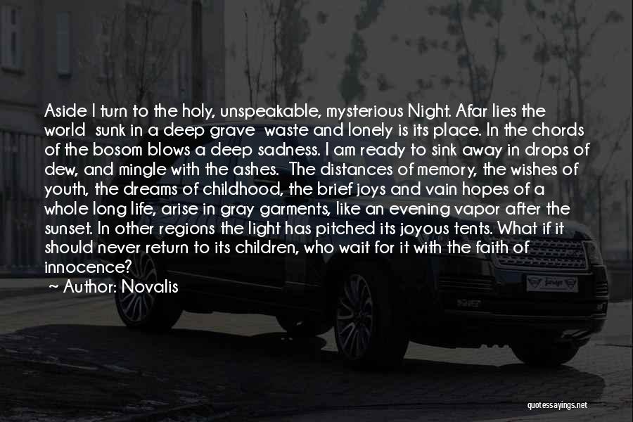 Novalis Quotes: Aside I Turn To The Holy, Unspeakable, Mysterious Night. Afar Lies The World Sunk In A Deep Grave Waste And