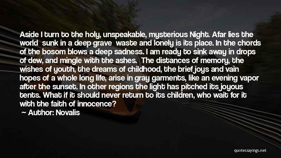 Novalis Quotes: Aside I Turn To The Holy, Unspeakable, Mysterious Night. Afar Lies The World Sunk In A Deep Grave Waste And