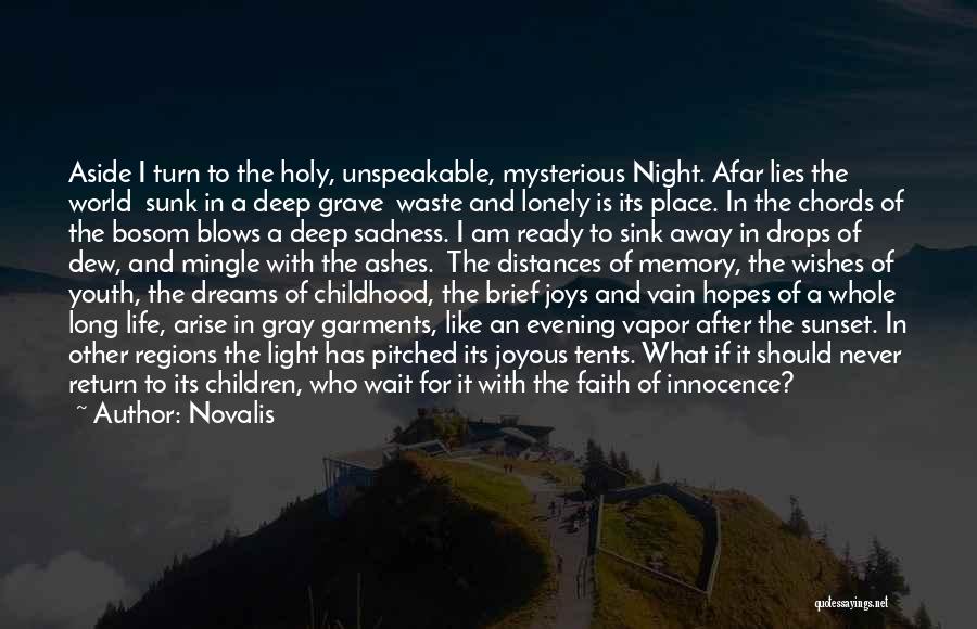 Novalis Quotes: Aside I Turn To The Holy, Unspeakable, Mysterious Night. Afar Lies The World Sunk In A Deep Grave Waste And