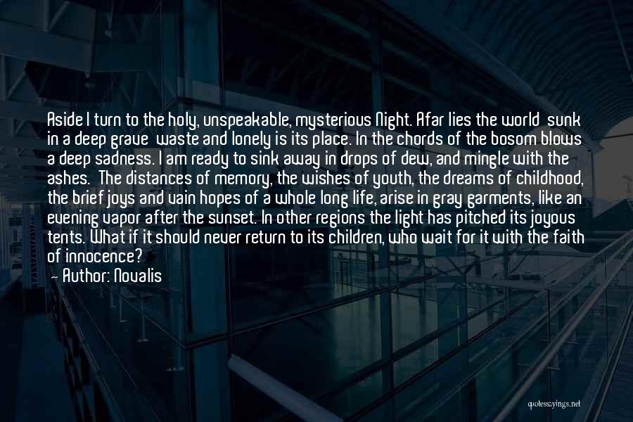 Novalis Quotes: Aside I Turn To The Holy, Unspeakable, Mysterious Night. Afar Lies The World Sunk In A Deep Grave Waste And