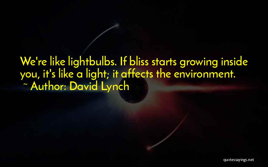 David Lynch Quotes: We're Like Lightbulbs. If Bliss Starts Growing Inside You, It's Like A Light; It Affects The Environment.