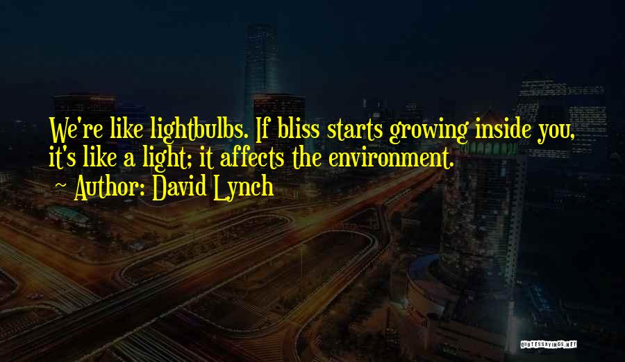 David Lynch Quotes: We're Like Lightbulbs. If Bliss Starts Growing Inside You, It's Like A Light; It Affects The Environment.