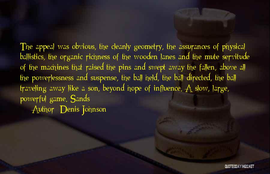 Denis Johnson Quotes: The Appeal Was Obvious, The Cleanly Geometry, The Assurances Of Physical Ballistics, The Organic Richness Of The Wooden Lanes And