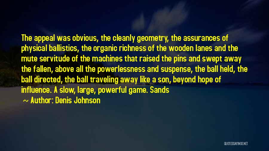 Denis Johnson Quotes: The Appeal Was Obvious, The Cleanly Geometry, The Assurances Of Physical Ballistics, The Organic Richness Of The Wooden Lanes And