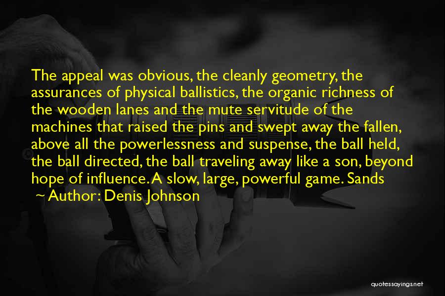 Denis Johnson Quotes: The Appeal Was Obvious, The Cleanly Geometry, The Assurances Of Physical Ballistics, The Organic Richness Of The Wooden Lanes And