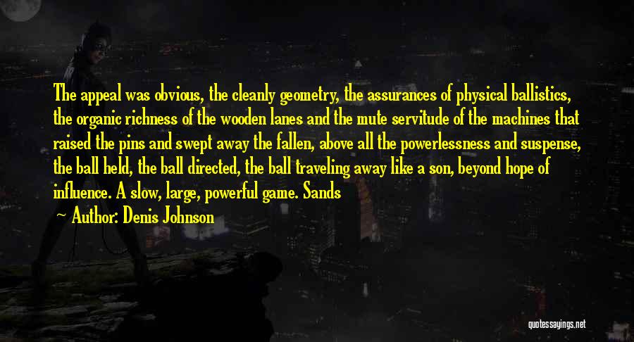 Denis Johnson Quotes: The Appeal Was Obvious, The Cleanly Geometry, The Assurances Of Physical Ballistics, The Organic Richness Of The Wooden Lanes And