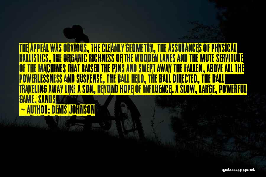 Denis Johnson Quotes: The Appeal Was Obvious, The Cleanly Geometry, The Assurances Of Physical Ballistics, The Organic Richness Of The Wooden Lanes And