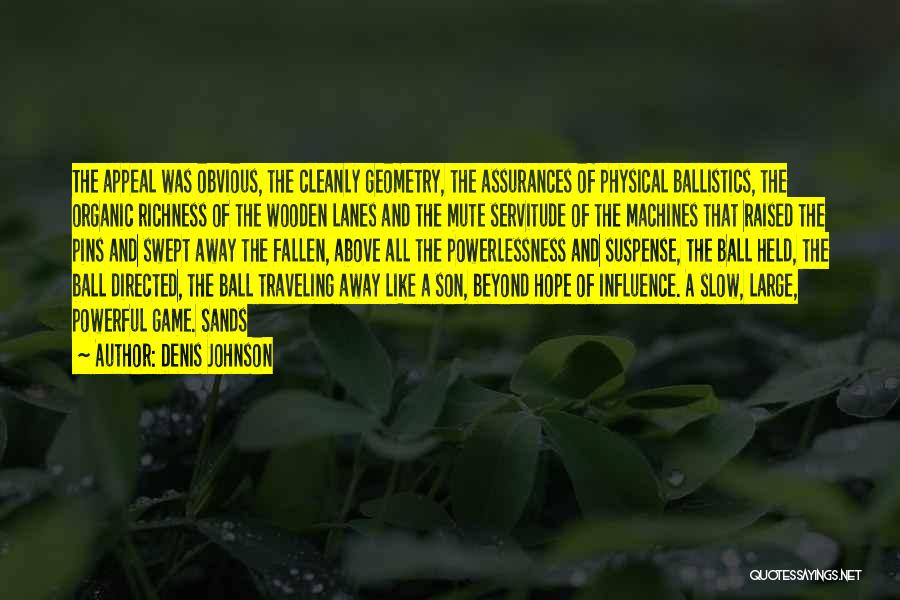 Denis Johnson Quotes: The Appeal Was Obvious, The Cleanly Geometry, The Assurances Of Physical Ballistics, The Organic Richness Of The Wooden Lanes And