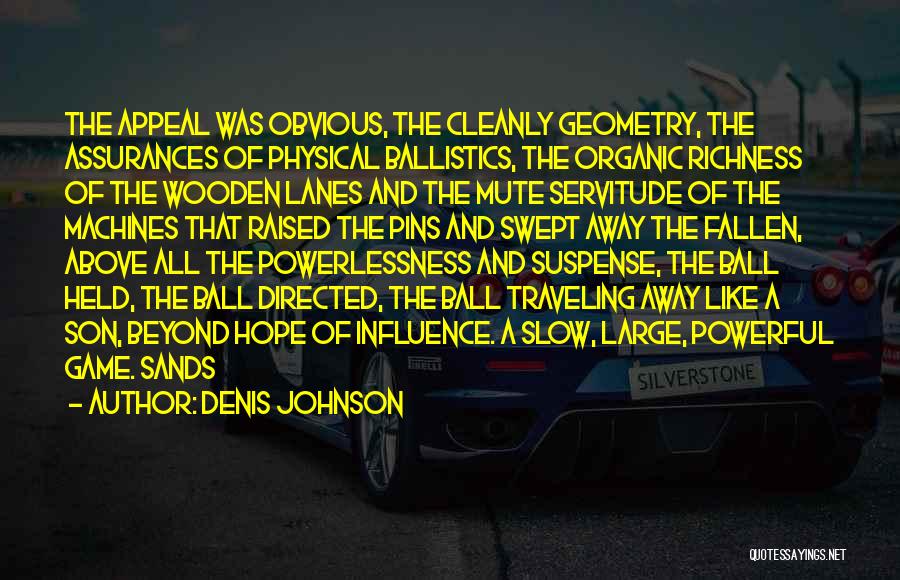 Denis Johnson Quotes: The Appeal Was Obvious, The Cleanly Geometry, The Assurances Of Physical Ballistics, The Organic Richness Of The Wooden Lanes And