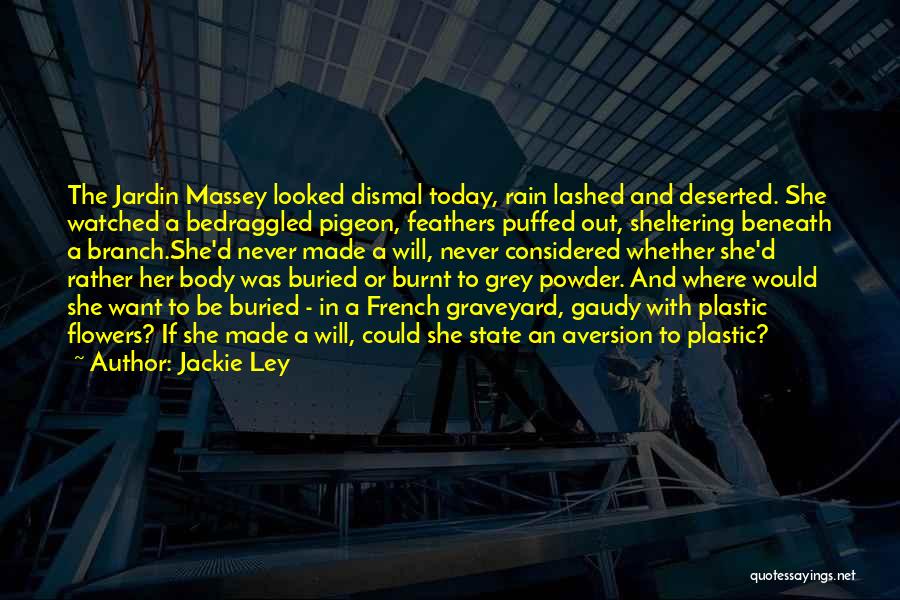 Jackie Ley Quotes: The Jardin Massey Looked Dismal Today, Rain Lashed And Deserted. She Watched A Bedraggled Pigeon, Feathers Puffed Out, Sheltering Beneath