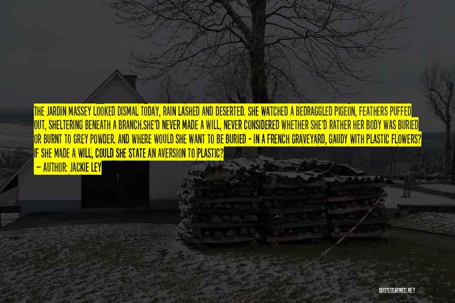 Jackie Ley Quotes: The Jardin Massey Looked Dismal Today, Rain Lashed And Deserted. She Watched A Bedraggled Pigeon, Feathers Puffed Out, Sheltering Beneath