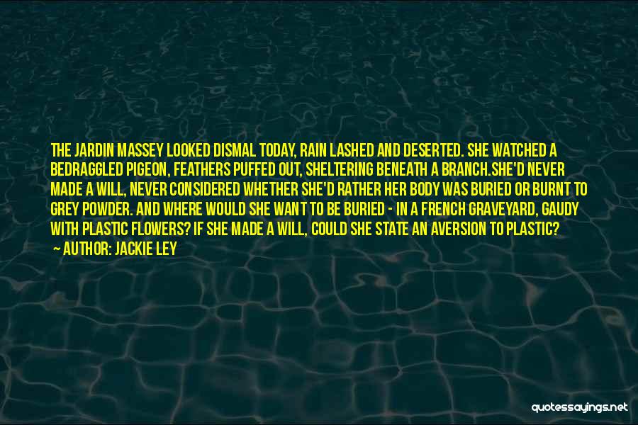 Jackie Ley Quotes: The Jardin Massey Looked Dismal Today, Rain Lashed And Deserted. She Watched A Bedraggled Pigeon, Feathers Puffed Out, Sheltering Beneath