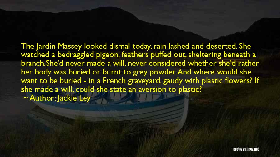 Jackie Ley Quotes: The Jardin Massey Looked Dismal Today, Rain Lashed And Deserted. She Watched A Bedraggled Pigeon, Feathers Puffed Out, Sheltering Beneath