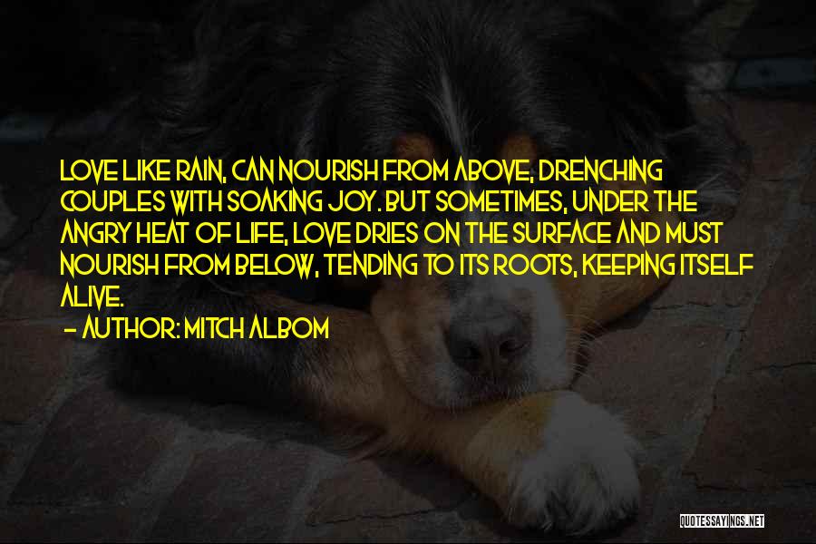 Mitch Albom Quotes: Love Like Rain, Can Nourish From Above, Drenching Couples With Soaking Joy. But Sometimes, Under The Angry Heat Of Life,