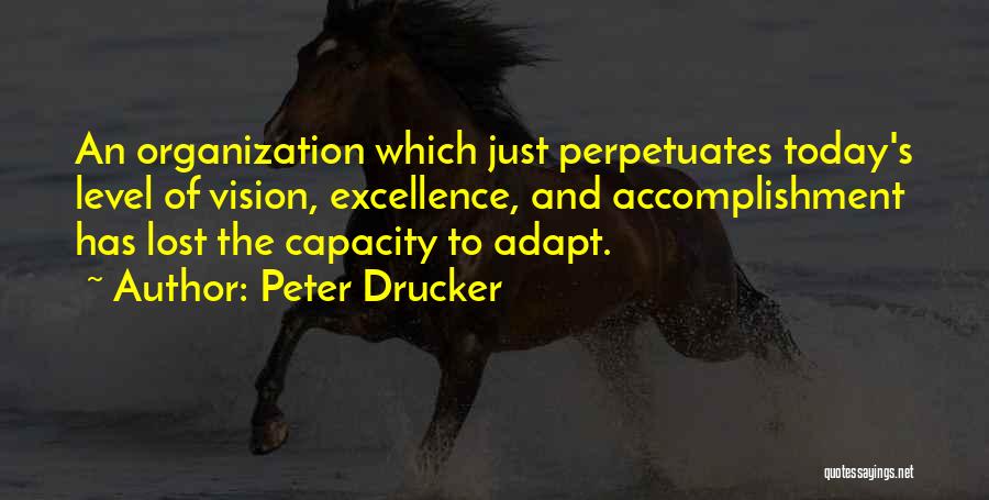 Peter Drucker Quotes: An Organization Which Just Perpetuates Today's Level Of Vision, Excellence, And Accomplishment Has Lost The Capacity To Adapt.
