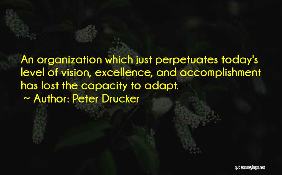 Peter Drucker Quotes: An Organization Which Just Perpetuates Today's Level Of Vision, Excellence, And Accomplishment Has Lost The Capacity To Adapt.