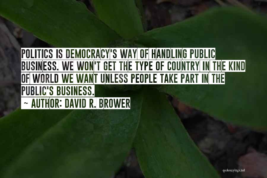 David R. Brower Quotes: Politics Is Democracy's Way Of Handling Public Business. We Won't Get The Type Of Country In The Kind Of World