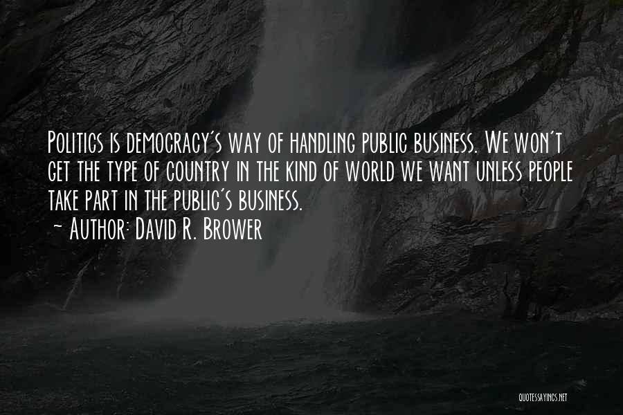 David R. Brower Quotes: Politics Is Democracy's Way Of Handling Public Business. We Won't Get The Type Of Country In The Kind Of World