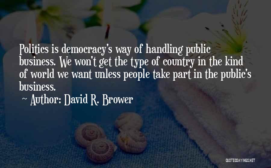 David R. Brower Quotes: Politics Is Democracy's Way Of Handling Public Business. We Won't Get The Type Of Country In The Kind Of World