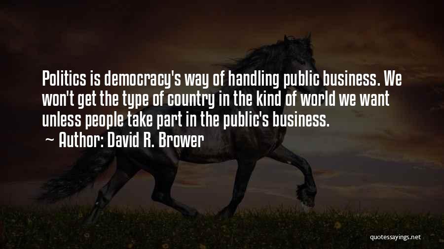 David R. Brower Quotes: Politics Is Democracy's Way Of Handling Public Business. We Won't Get The Type Of Country In The Kind Of World